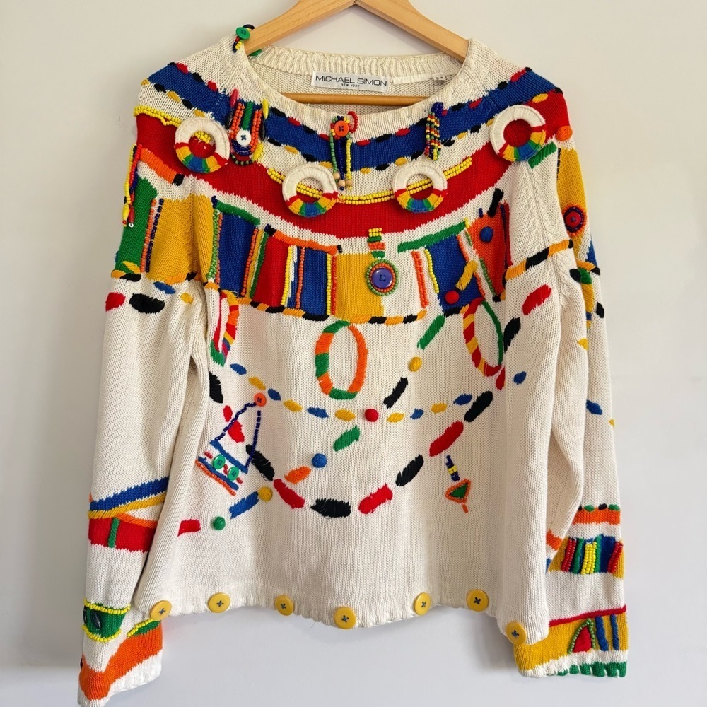 Vintage Michael Simon Colorful Beaded Knit Sweater